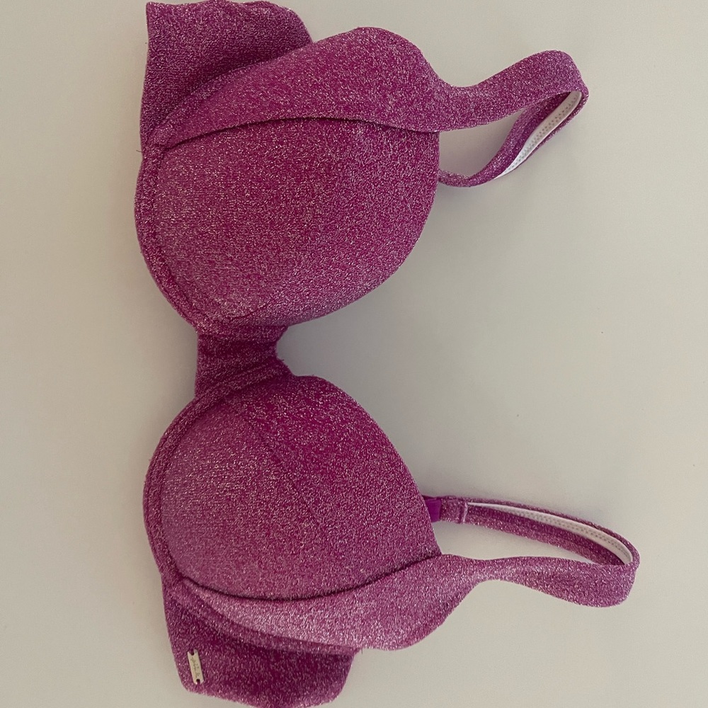 VS PINK Swim M Shimmer Push Up Bikini Top Dahlia Magenta